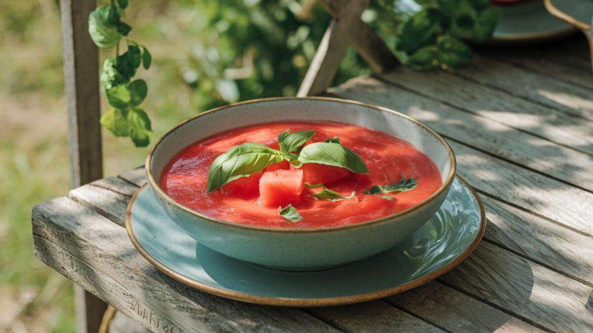 Gazpacho pastèque-basilic : velouté glacé pour apéro original